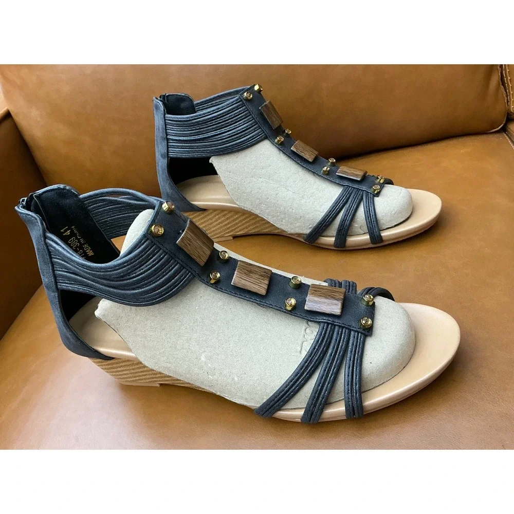 BEUTHOEM Wedge Sandals Womens 41 Black Gladiator Studded